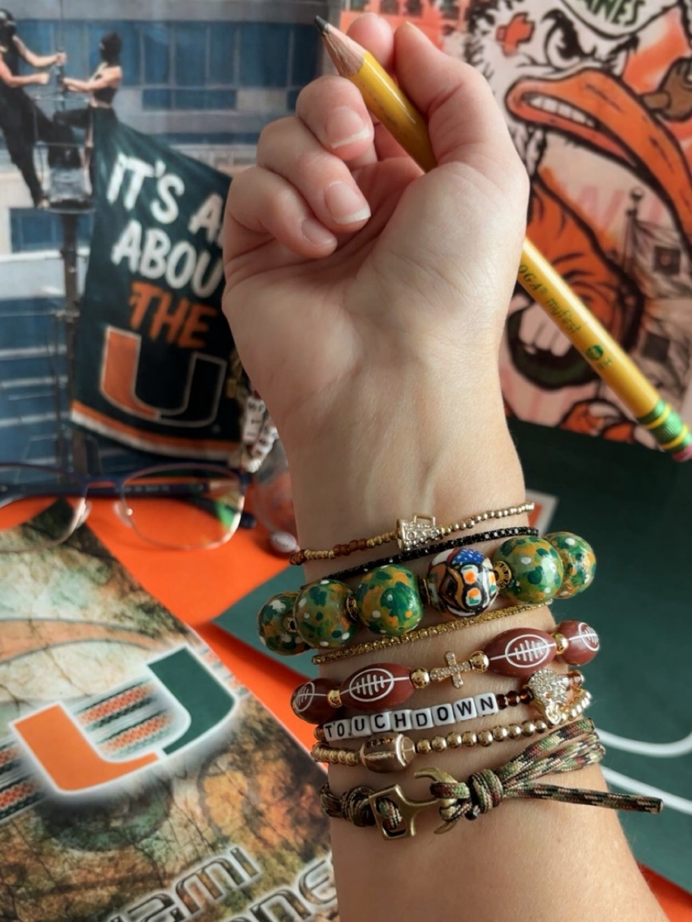 Miami Hurricanes Stack with Hand Painted Glow in the Dark Beads